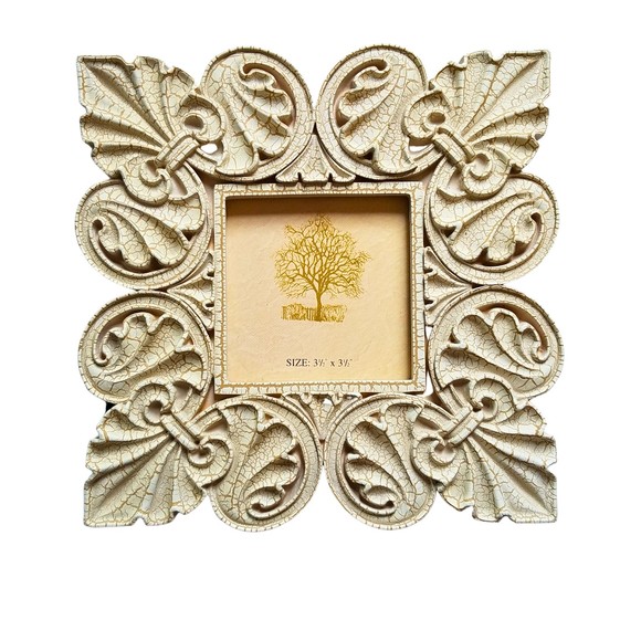 Vintage Ornate Ivory Cream Tabletop Picture Frame 3.5" x 3.5" RARE - Picture 1 of 5